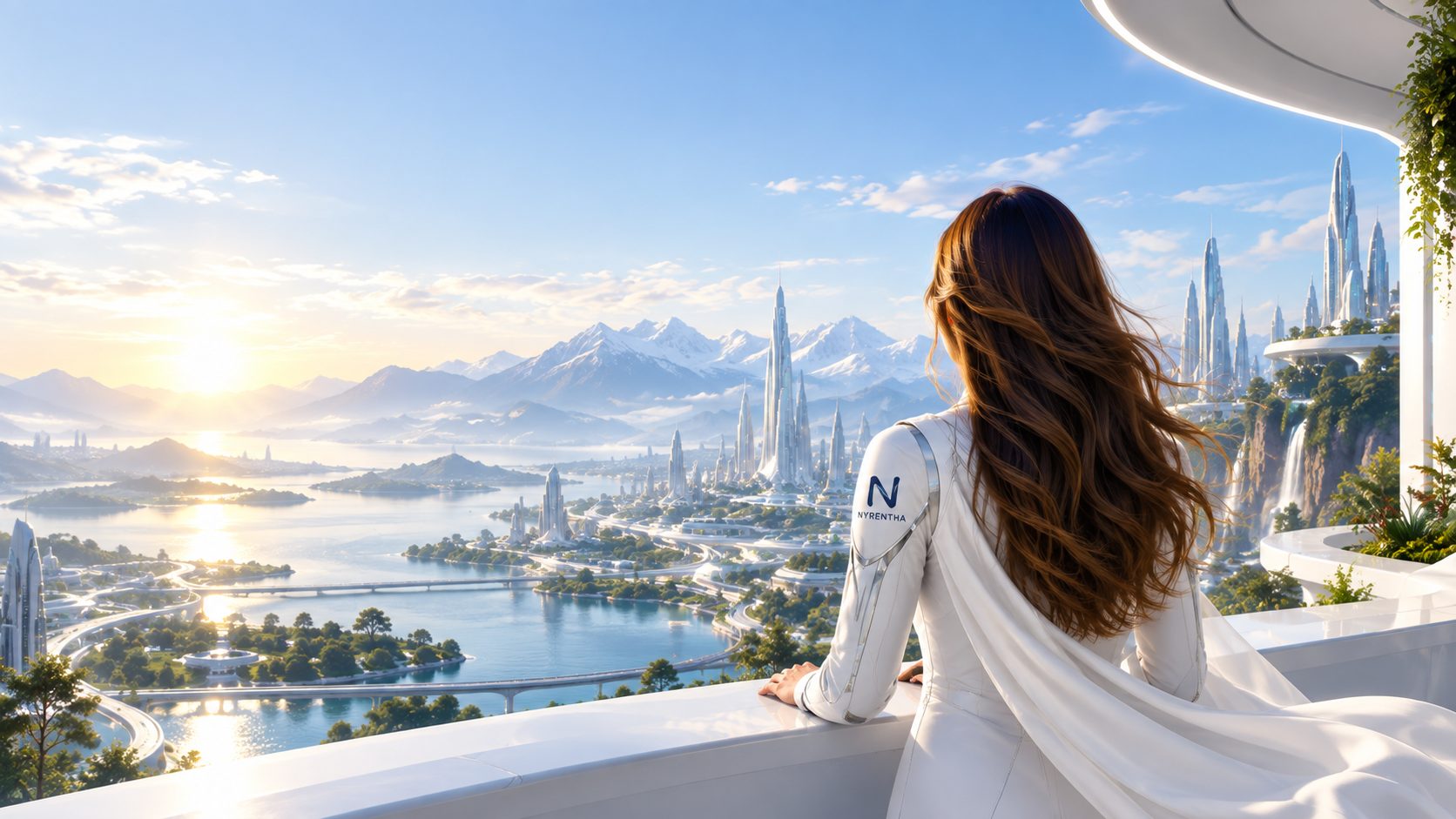 A view from a bright, sunlit terrace overlooking a green, water-filled city, with a person in Nyrentha attire looking out toward the horizon.